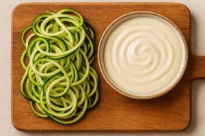 Spiralized zucchini noodles next to a bowl of creamy Alfredo sauce on a wooden board