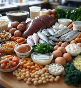 Micronutrients: Liver, fish, eggs, dairy (retinol); carrots, sweet potatoes, spinach, kale (beta-carotene).